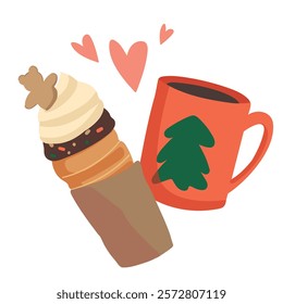 cute illustration with a mug of coffee and trdelnik. delicious winter traditional food, chimney cake