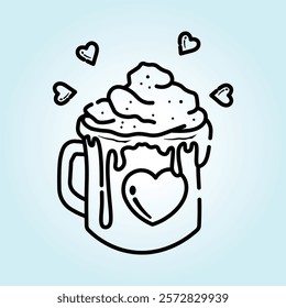 A cute illustration of a mug with whipped cream and hearts. Perfect for Valentine's Day or any romantic occasion.
