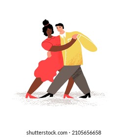 A cute illustration of a multicultural couple in love dancing tango bachata. Happy Valentine's Day design. Hand-drawn vector illustration.