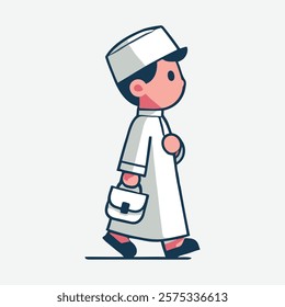 A cute illustration of a Muslim child wearing a traditional white robe (thobe) and a cap (taqiyah) while walking. The child carries a small school bag, emphasizing the innocence.