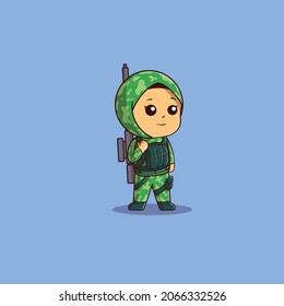 cute illustration of Muslim female soldier ready for duty