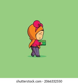 cute illustration Muslim women bring gifts to help others  Icon Concept Isolated Premium Vector