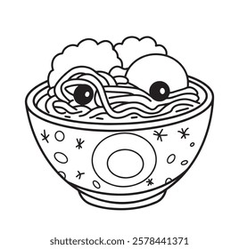 cute illustration of noodles in a bowl. funny character, asian food