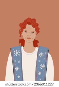 Cute illustration of the old granny in cozy clothing. Redhead beautiful smiling woman portrait.