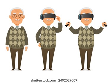 cute illustration of an old man with glasses using virtual reality headset or goggles. Cheerful gentleman using modern technology for education, learning or playing VR video game. Cartoon character.