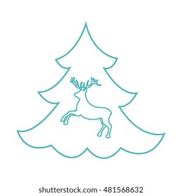 Cute illustration on Christmas or New Year's theme made in line style. Deer silhouette against the background of the Christmas tree. 