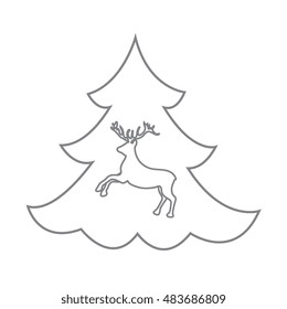 Cute illustration on Christmas or New Year's theme made in line style. Deer silhouette against the background of the Christmas tree. 