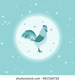 Cute illustration on New Year's theme. Silhouette of a rooster in a circle on a colored background with snowfall in gentle tones.