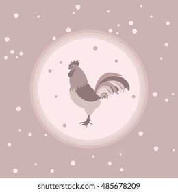 Cute illustration on New Year's theme. Silhouette of a rooster in a circle on a colored background with snowfall in gentle tones.