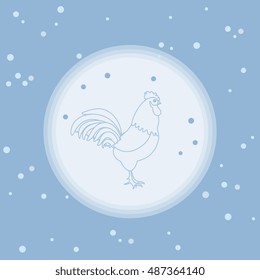 Cute illustration on New Year's theme. Silhouette of a rooster in a circle on a colored background with snowfall in gentle tones.