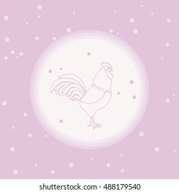 Cute illustration on New Year's theme. Silhouette of a rooster in a circle on a colored background with snowfall in gentle tones.