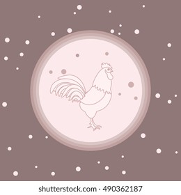 Cute illustration on New Year's theme. Silhouette of a rooster in a circle on a colored background with snowfall in gentle tones.