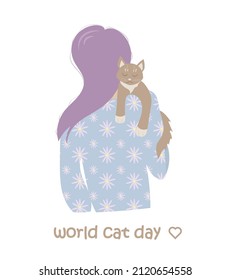 cute illustration on world cat day theme. the cat lies on the girl's shoulder
