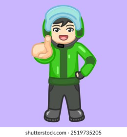 cute illustration of online taxi rider wearing green jacket and helmet, pointing finger forward