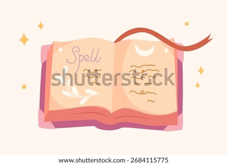 A cute illustration of an open spell book with illustrations and a ribbon bookmark in soft pastel colors. Great for card, seasonal print, poster, invitation, sticker