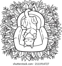 A Cute Illustration Of An Orange Cat Laying Or Sleeping On A Couch. An Adorable And Fluffy Couch Potato.  The Cutest Couch Hogger There Is. My Spirit Animal, My Totem Animal. A Fun Coloring Page.
