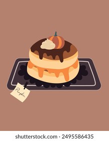 Cute Illustration with Pancakes and Pumpkin Jam, Chocolate, Vanilla Cream