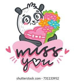 Cute illustration with Panda character with flowers and candy and lettering calligraphy text: Miss you. Card, poster, banner print design