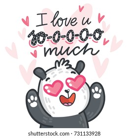 Cute illustration with Panda character in love with hearts and lettering calligraphy text: I love you so much. Card, poster, banner print design