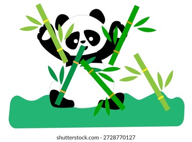 Una linda ilustración de un panda animando y agitando un palo de bambú.