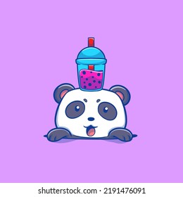 cute illustration of a panda with a cup of boba drink on its head for the logo cartoon beverage