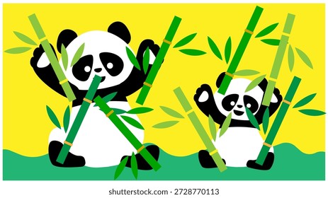 Una linda ilustración de un panda bailando enérgicamente mientras sostiene un poste de bambú.