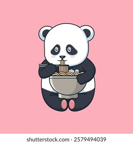 Cute illustration of panda eating ramen with chopsticks 