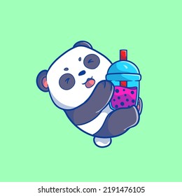 cute illustration of a panda holding and flying with a cup of boba drink cartoon style