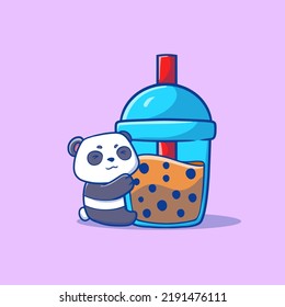 cute illustration of a panda hugging a big cup of boba and mascot style drink