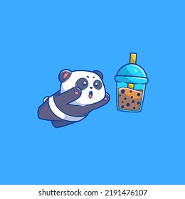 cute illustration of a panda jumping to pick up a boba bottle for the mascot logo