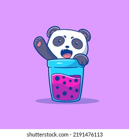 cute illustration of panda shaped bottle of boba drink and waving hand cartoon style