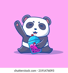 cute illustration of a panda waving hand with holding a cup of boba for the mascot logo beverage