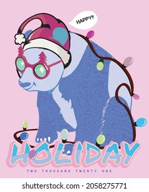 Cute illustration of panda, who is wearing a red cap with red glasses and also having light strip around his body.