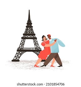 A cute illustration of a Parisian couple dancing on the Paris street with views of the Eiffel Tower. Hand-drawn vector banner, card design.