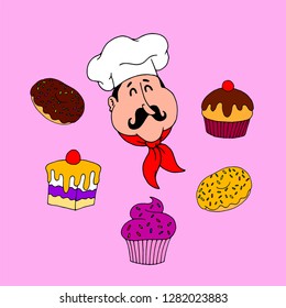 Cute illustration of a pastry chef surrounded by cakes and donuts