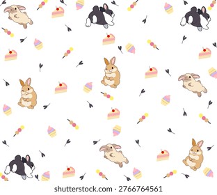 A cute illustration pattern featuring Netherland Dwarf rabbits, cakes, and small desserts.