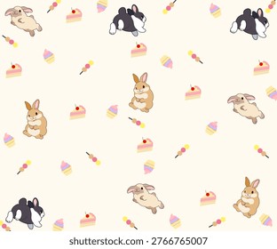 A cute illustration pattern featuring Netherland Dwarf rabbits, cakes, and small desserts.