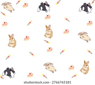 A cute illustration pattern featuring Netherland Dwarf rabbits, cakes, and small desserts.