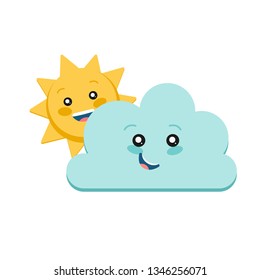 Cute illustration pattern of the sun and cloud. Happy faces. Poster for the children's room.