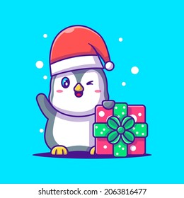 Cute Illustration of Cute Penguin with christmas gift. Merry christmas
