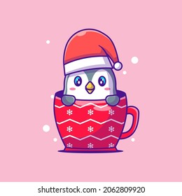 Cute Illustration of Cute Penguin in Christmas Glass. Merry christmas