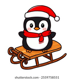 Cute Illustration Penguin on a Sledge Wearing Santa Hat and Scarf for Christmas