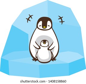 Cute illustration of penguin parent and child on ice