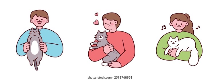 A cute illustration of people cuddling and holding cats with affection. A minimal and warm vector drawing in pastel colors, depicting love and companionship with pets.