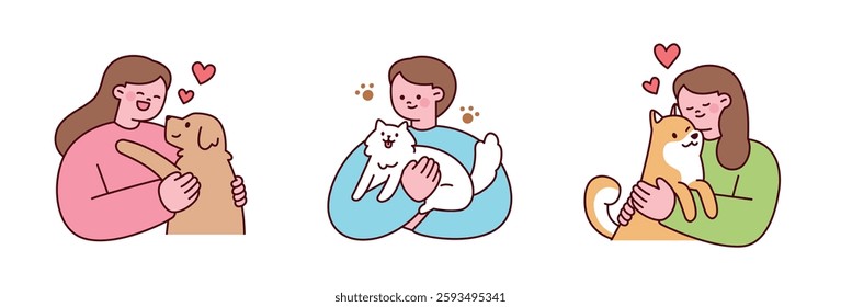 Cute illustration of people lovingly hugging their pets, including a golden retriever, a Pomeranian, and a Shiba Inu. Adorable and warm pet love concept.