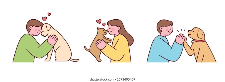 Cute illustration of people showing love and affection to their pets, including hugging a dog, cuddling a cat, and giving a high-five to a dog.