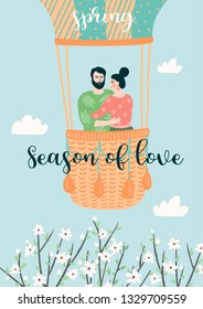 Cute illustration with people and spring nature. Vectir design for poster, card, invitation, placard, brochure, flyer and other