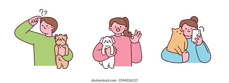 Cute illustration of people with their pets, including dogs and cats, expressing affection and happiness. Simple and modern design.