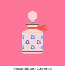 Cute illustration of perfume bottle, toilet water or potion. Cosmetics and magic concept. Icon, poster, social media cover etc. Hand drawn vector illustration in trendy colors.