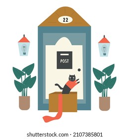 Cuta ilustración de una mascota como regalo. Un regalo en una caja con un gato dentro se para cerca del porche de la casa. Ilustración vectorial. 